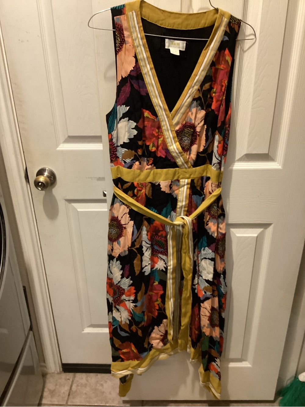 Maeve Black Floral High-Low Wrap Dress with Yellow Trim